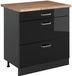 Vicco R-Line meuble bas de cuisine, noir laqué brillant/anthracite, 80 cm avec 3 tiroirs plan de travail chêne doré