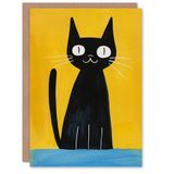 Artery8 Quirky Black Cat Lover Bold Yellow Blue Painting Blank For Him Or Her Art Birthday Card
