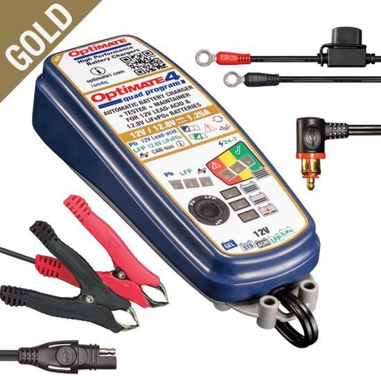 Optimate Tecmate Optimate 4 Quad Program - Gel / Lood / Lithium Acculader Druppellader - GOUD-serie: 9-staps 12V/12.8V 1.25A - TM630