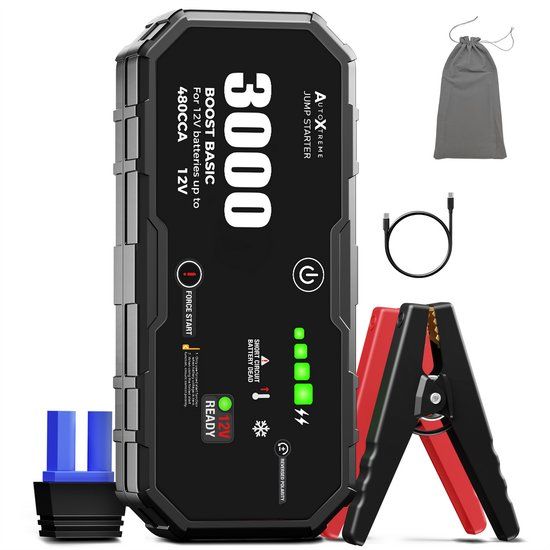 AutoXtreme Jumpstarter 12V voor Auto - 480CCA - Boost Basic 3000 - Starthulp met Forcestart, LED-scherm & Powerbank - Incl. Zaklamp & Opbergzak
