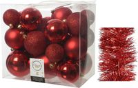 Decoris Kaemingk B.V. Kerstversiering kunststof kerstballen 6-8-10 cm met folieslingers pakket rood van 28x stuks