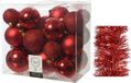 Decoris Kaemingk B.V. Kerstversiering kunststof kerstballen 6-8-10 cm met folieslingers pakket rood van 28x stuks