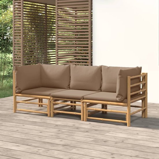 The Living Store Bamboe Tuinset - Middenbank 55x69x65 cm - Hoekbank 69x69x65 cm - Taupe kussens