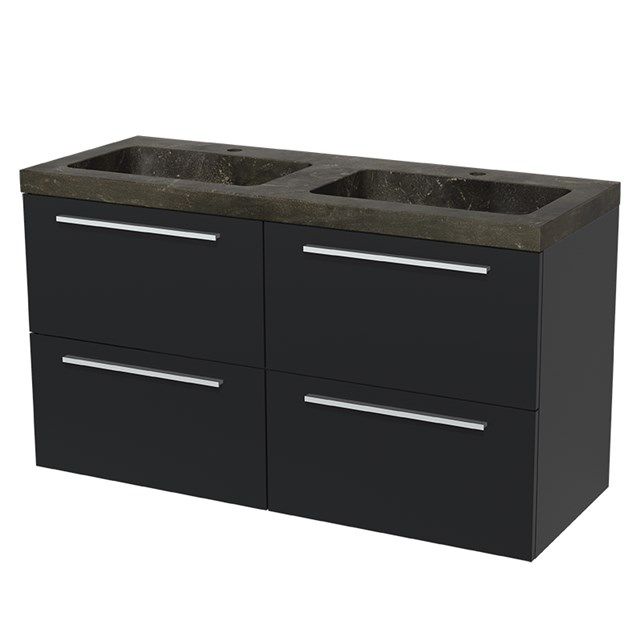 Maxaro Badkamermeubel 120cm Modulo Mat Zwart 4 lades Vlak Wastafel Natuursteen Blue Stone