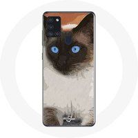 Maniacase Etui voor Samsung Galaxy A21S Siamese kat zwart wit blauwe ogen