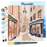 Figured'Art Mini Schilderen op Nummer Volwassenen 20x20cm met Besneeuwd kerststraatje - Klein Formaat Creatieve Hobby Kit DIY Art Nummer Compleet