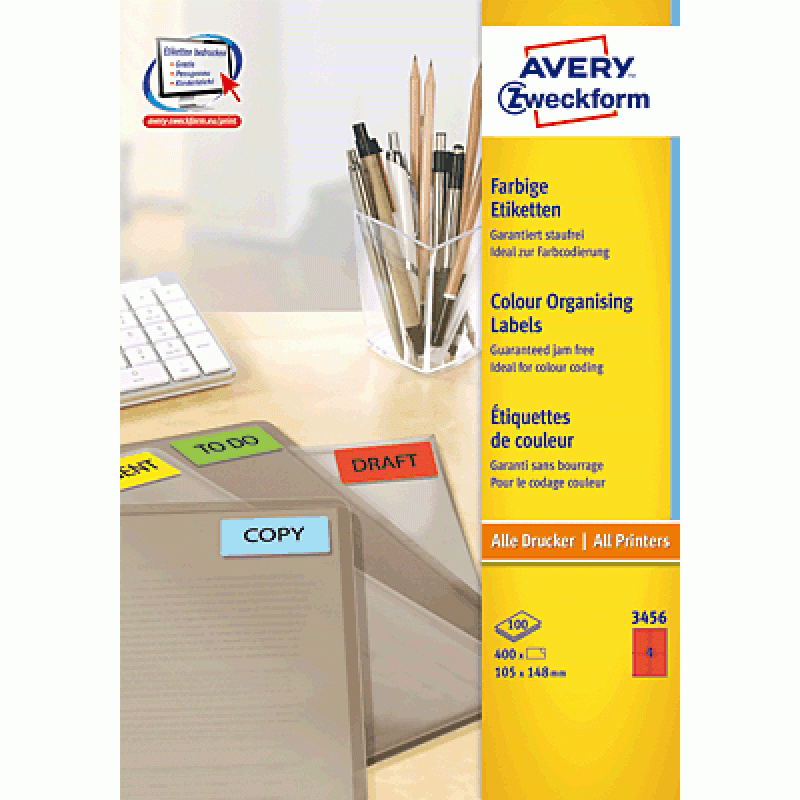Avery Gekleurde Etiketten - rood - 105,0 x 148,0 mm - permanent klevend