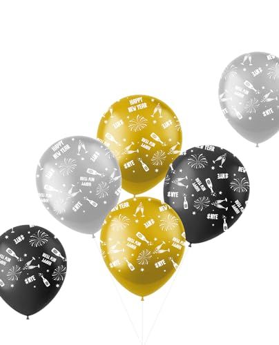 Folat 63769 latexballonnen-BlackGold HNY-zwart, goud, zilver, 6 stuks, decoratie voor nieuwjaarsavond, nieuwjaar en oudejaarsavond, vrolijk nieuwjaar, Happy New Year, meerkleurig