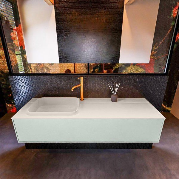 Mondiaz ERIN 150cm badmeubelset onderkast kleur Greey met 1 lade Wastafel RIDGE links 1 kraangat kleur Linen ERIN12362