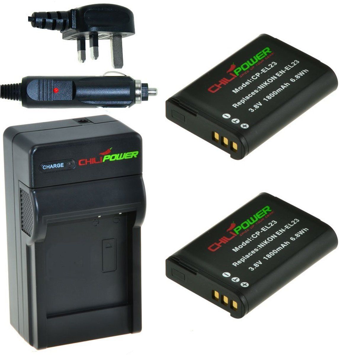 ChiliPower 2 x EN-EL23 accu's voor Nikon - Charger Kit + car-charger - UK version