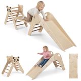 FANTASK Klimdriehoek indoor set van 3, inklapbaar klimrek hout met glijbaan, helling en klimladder, incl. bouwstenenset, driehoek met sporten voor kinderen vanaf 3 jaar (natuur)