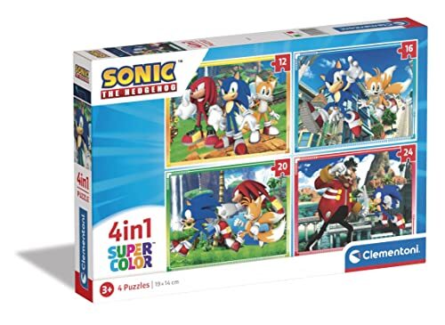 Clementoni 21522 Supercolor 4-in-1-Sonic-puzzel, 12, 16, 20, 24 stukjes vanaf 3 jaar, kleurrijke kinderpuzzel met bijzondere helderheid en kleurintensiteit, behendigheidsspel voor kinderen