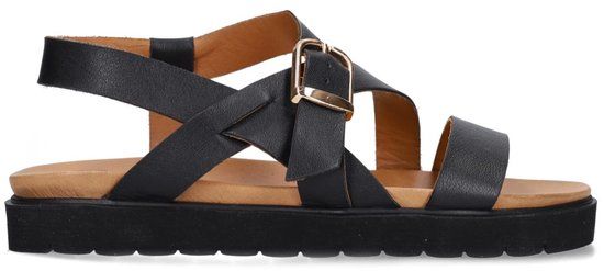 Manfield - Dames - Zwarte leren sandalen met plateauzool - Maat 39