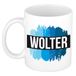Bellatio Decorations Wolter naam cadeau koffie mok - beker - met blauw verfstrepen - Cadeau collega - vaderdag - verjaardag - meester - coach - 300 ml - wit