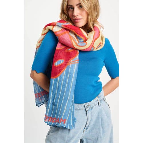 POM Amsterdam sjaal Urban Flora Stripes blauw/roze