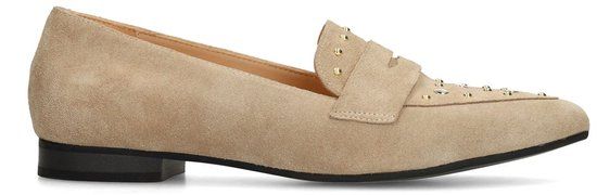 Manfield Dames Beige Suède Loafers met Gouden Studs - Maat 42