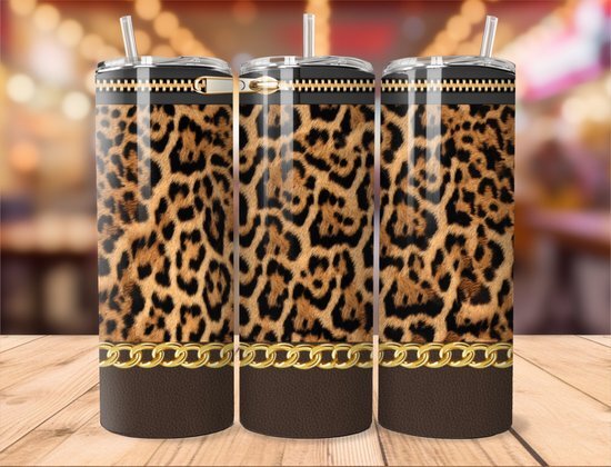 Tumbler leopard- drinkbeker- rietje en deksel- print leopard. Moederdag tip