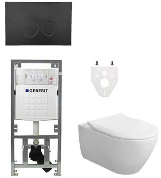 Villeroy & Boch Villeroy en Boch Subway 2.0 DirectFlush toiletset slimseat zitting met Geberit reservoir en bedieningsplaat mat zwart