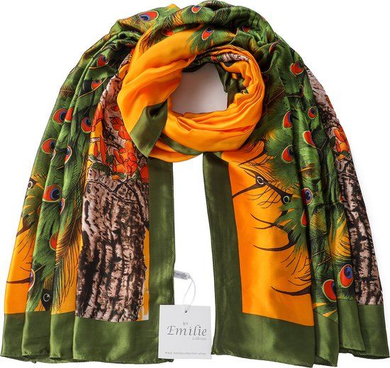 Emilie Scarves - Long Scarf - Silky Feeling - Peacock Print - Orange Green