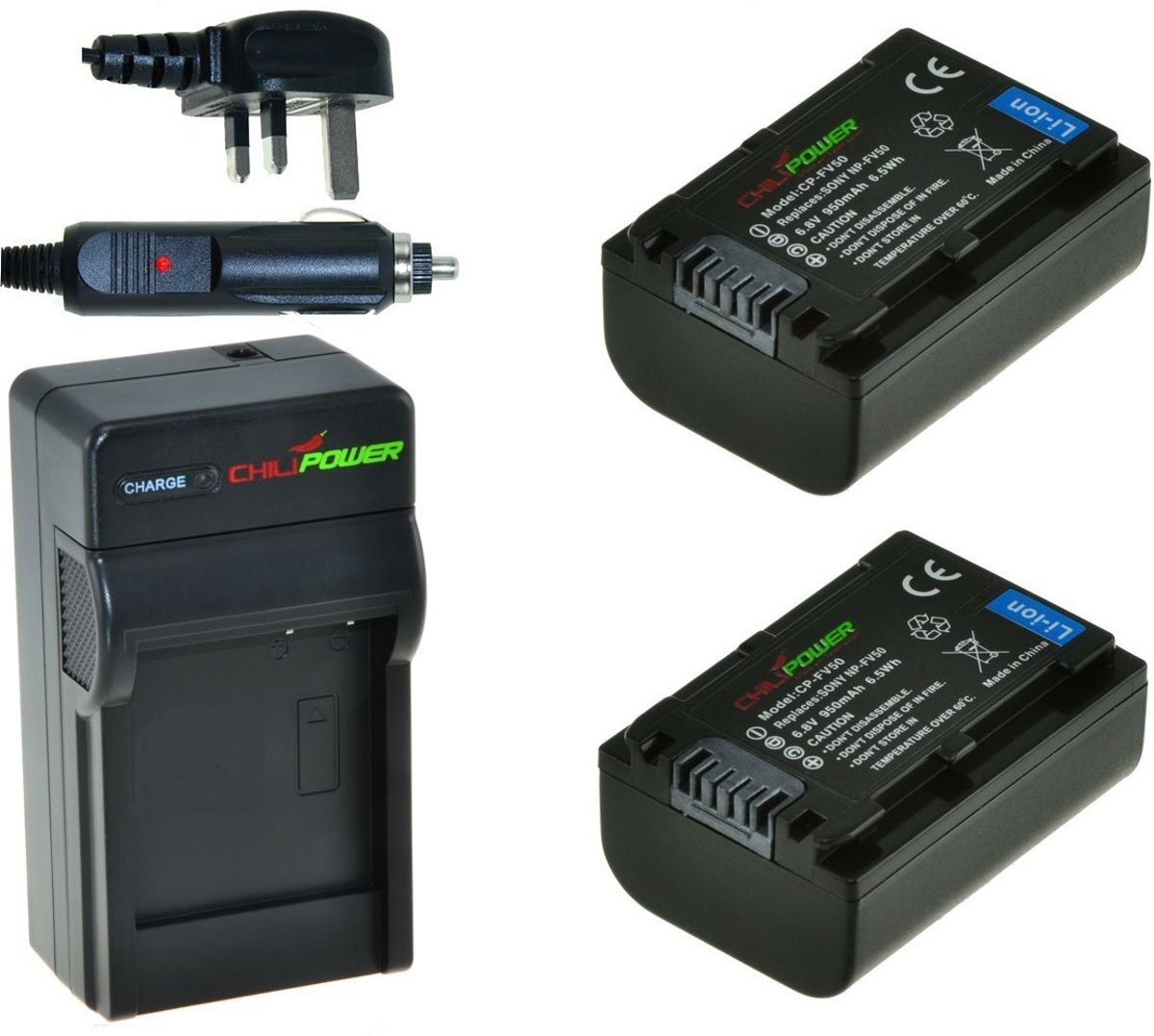 ChiliPower 2 x NP-FV50 accu's voor Sony - Charger Kit + car-charger - UK version 2 x NP-FV50 accu's voor Sony - Charger Kit + car-charger - UK version