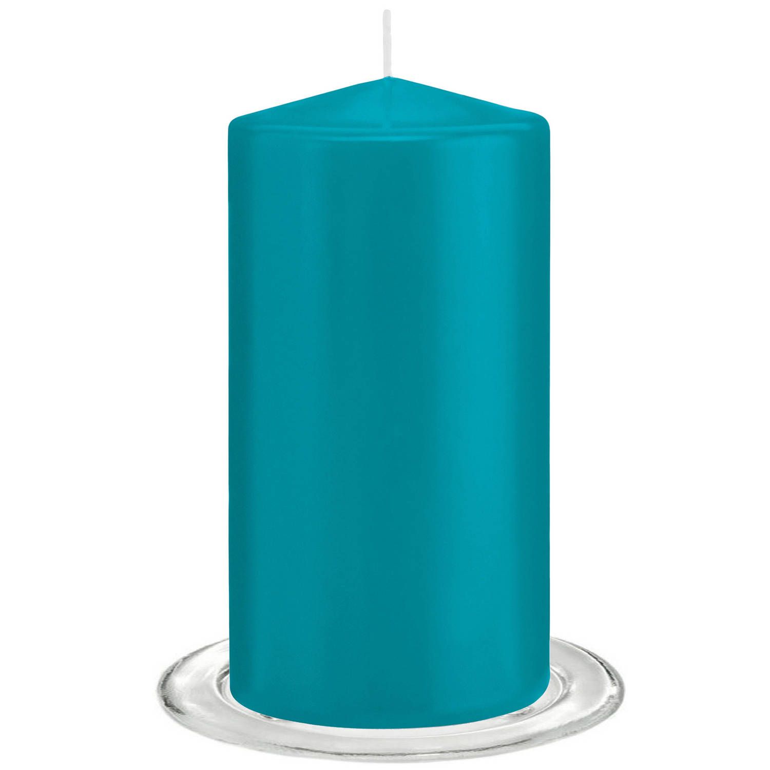 Trend Candles Stompkaarsen met glazen onderzetters set van 2x turquoise blauw 8 x 15 cm