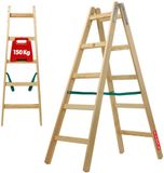 KADAX Houten ladder, bokladder tot 150 kg, opvouwbare schilderladder, dubbele trap ladder met stalen haken, elektricienieladder, staande ladder, huishoudladder (5 treden)