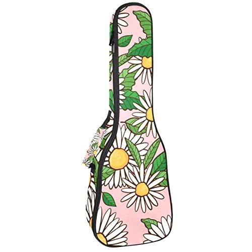 Mersov Concert Ukelele Rugzak, Heavy Duty Ukulele Case Tas met Opslag, Sopraan Concert Tenor Ukelele 10 MM Gewatteerde Tas Wit Madeliefjes Groene Bladeren Roze