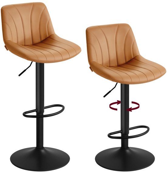 VASAGLE Barkrukken Set van 2, Barstoel met Rugleuning, Keukenstoel, In Hoogte Verstelbaar, 360° Draaibaar, Metalen Voetsteun, voor Eetkamer, Keuken, PU Bekleding, Karamelbruin LJB181KN01