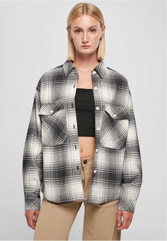 Urban Classics Oversized Check Shirt Blouse - Women's XXL - Off-White/Black - Cotton