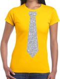 Bellatio Decorations Shoppartners Bv Carnaval verkleed t-shirt - met stropdas - geel - zilver glitters - dames - verkleedkleding - Eighties - Disco - VIP XL