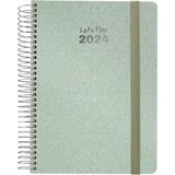 Grafoplás Kalender 2024 lichtgroen Spaans 15 x 21 cm spiraalbinding dagpagina hardcover metallic stof elastische sluiting januari tot december model metallic