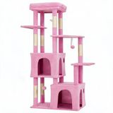 IDEALHOUSE Extra stabiele krabpaal 155 cm voor grote katten & Maine Coon – XXL ligvlak, 2 ruime holtes, natuurlijke sisal krabzummen, speelgoed, kleur: roze