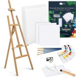Artina 24-delig Acrylverf Set met Houten Schildersezel FSC® tot 150 cm – Kunstenaars-Kit Corsica met 5 Canvasdoeken, Penselen & Accessoires, Hoogteverstelbaar – Voor Beginners & Hobbyisten