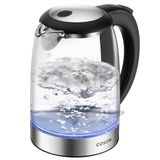 COSORI Bouilloire en verre de 1,7 l, 2200 W, sans contact avec le plastique | Éclairage LED, socle rotatif à 360°, grande ouverture, protection contre l'ébullition à sec, technologie Strix, acier inoxydable 304, noir