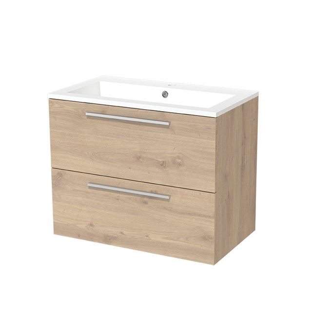 Maxaro Badkamermeubel 80cm Modulo Lichtbruin Eiken 2 lades Vlak Wastafel Mineraalmarmer