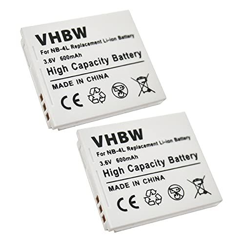 VHBW 2 x Li-Ion batterij 600mAh (3.6V) compatibel met Canon Powershot, Ixus en Digital Ixus, bijv. 50, 115HS, 130, i7, SD450 Vervangt NB-4L