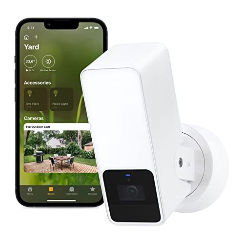 Eve Outdoor Cam (White Edition) – beveiligde camera met schijnwerper, bescherming en privacy (HomeKit Secure Video), 1080p, nachtzicht, wifi (2,4 GHz), bewegingssensor, tweerichtingscommunicatie