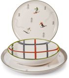 H&H Ski Holiday 18-delig tafelservies van aardewerk, versierd, winter- en kerststijl, borden met skiërs en ruiten, vaatwasmachinebestendig, magnetronbestendig, Ø 26, 20,5, 20 cm