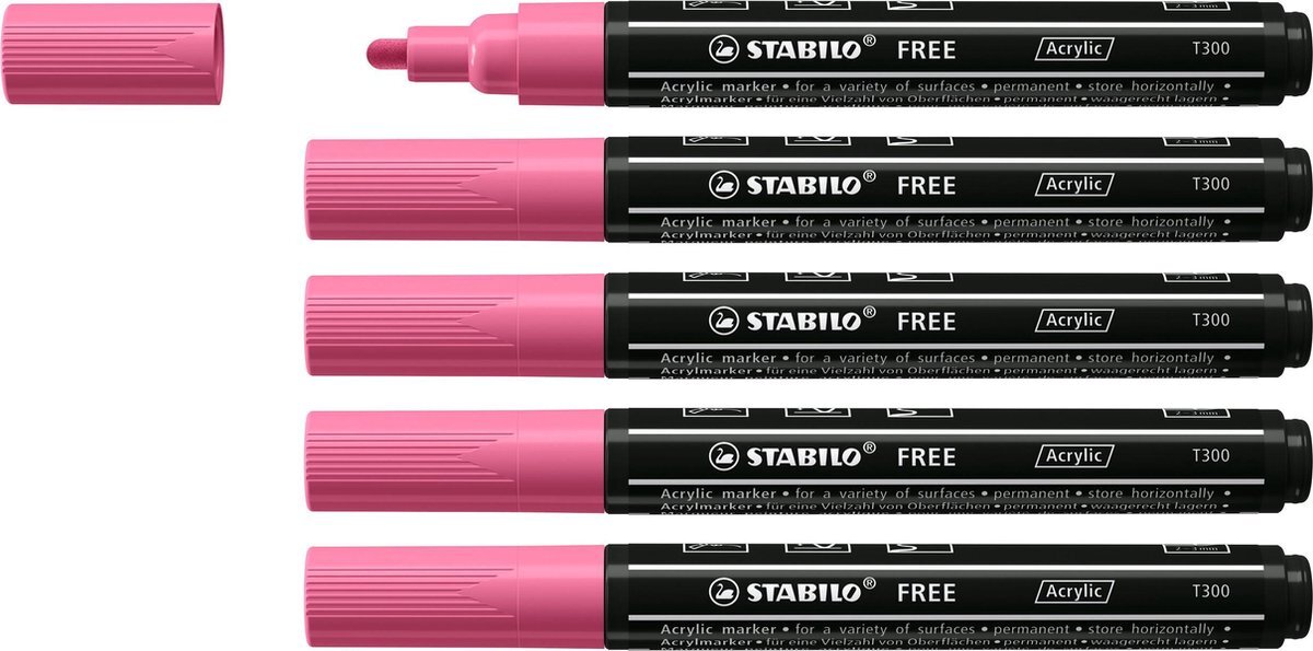 Stabilo FREE - Acryl Marker - T300 - Ronde Punt - 2-3 mm - Taffy Roze - Doos 5 stuks