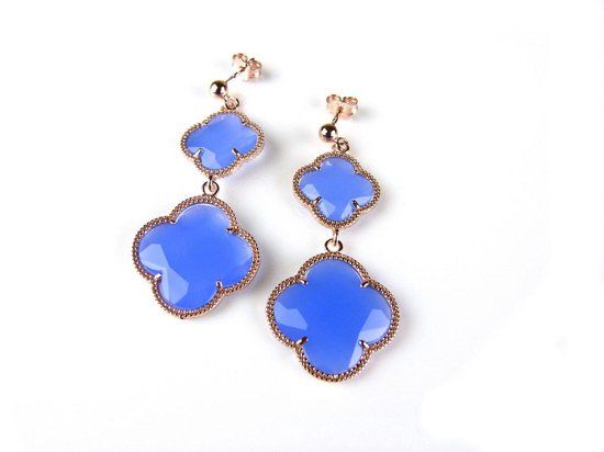 Double Fiori Oorringen Zilver Roze Verguld Blauwe Klavers - 925 Zilver