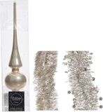 Decoris Kerstversiering glazen piek glans 26 cm en folieslingers pakket licht parel/champagne van 3x stuks - Kerstboomversiering