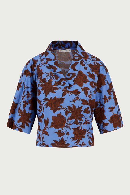 Zusss Zomerse Top Ikat print Bruin-Blauw Driekwart Mouw Klassieke Kraag XL