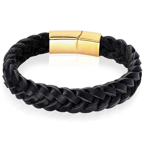 LGT JWLS LGT Jewels Heren armband Gevlochten Leer Edelstaal Zwart Goudkleurig-23cm
