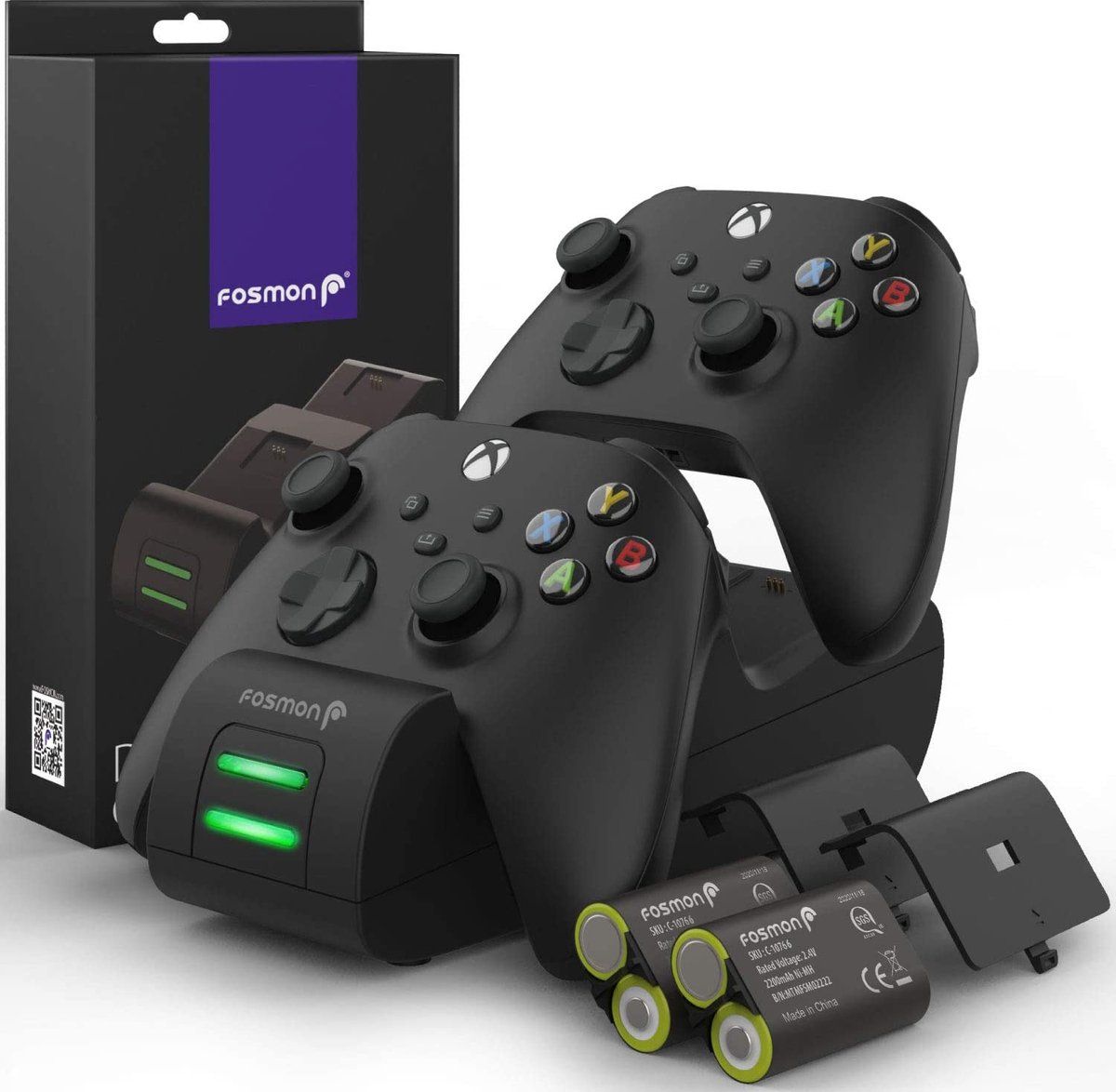 Fosmon Dual 2 Max laadstation compatibel met Xbox Series X/S, One/X/S Elite controllers, Dual Docking Station + 2 x 2200mAh batterij - zwart