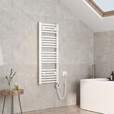 EMKE Handdoekradiator, elektrisch, 120 x 40 cm, gebogen badkamerradiator, elektrisch met thermostaat, handdoekdroger, handdoekwarmer met timer, wit, 500 W