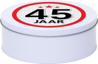 Merkloos Snoeptrommel - koektrommel Cadeau - wit - rond blik - met 45 jaar sticker - Cadeauverpakking - verjaardag