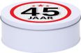Merkloos Snoeptrommel - koektrommel Cadeau - wit - rond blik - met 45 jaar sticker - Cadeauverpakking - verjaardag
