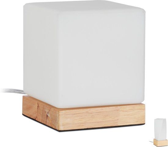 Relaxdays Tafellamp E14 - Nachtlampje - Melkglas - Wit - Houten Voet - Kubus