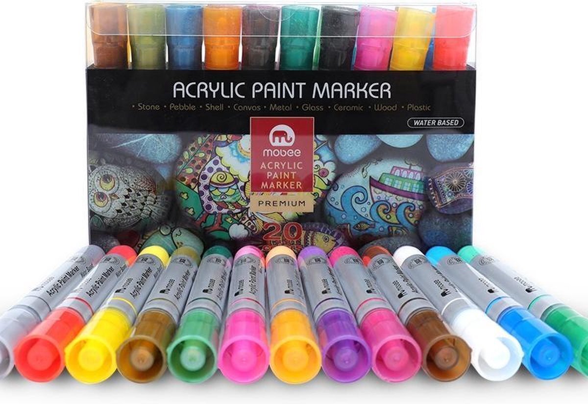 Mobee HappyStone beschilderen - Acryl marker stiften 4 mm punt - perfect om in te kleuren - 20 - Acrylverf - Tekenset - Mandala - Acrylstiften voor stenen schilderen - Happy Stones maken