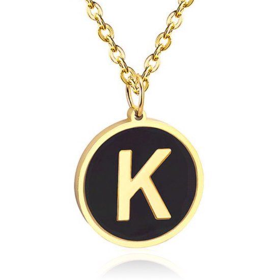 Cilla Jewels Goudkleurige Dames Schakelketting met Zwarte Kettinghanger Letter K